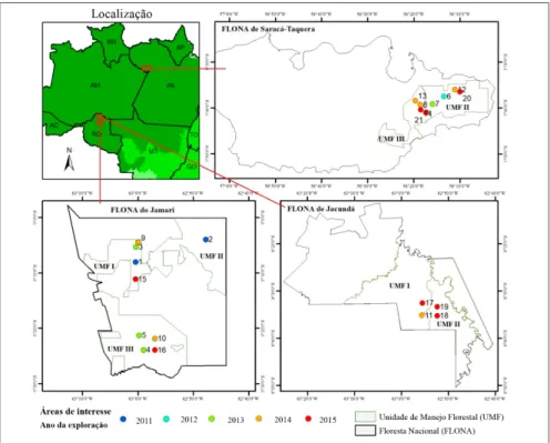 Figura 1 – Localização da área de estudo, as áreas de interesse estão distribuídas nas  Florestas Nacionais (Flona) do Jamari e Jacundá, no estado de Rondônia e na Flona de 