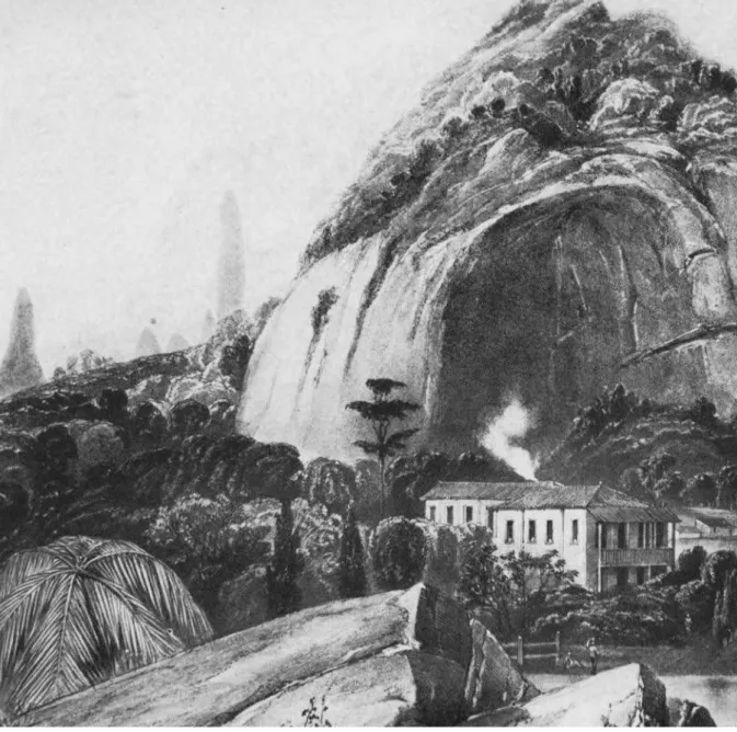 Figure 4: Serra dos Órgãos, by William Gore Ousely, 1838. In the foreground, the main house of the Santa Ana de  Paquequer farm, belonging to the Englishman George March (Ferrez, 1970, p.36, plate 7)