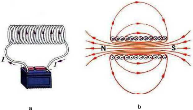 FIGURA 2- a) Solenóide percorrido por uma corrente elétrica gerada por uma bateria;                      b) Linhas de força do campo eletromagnético