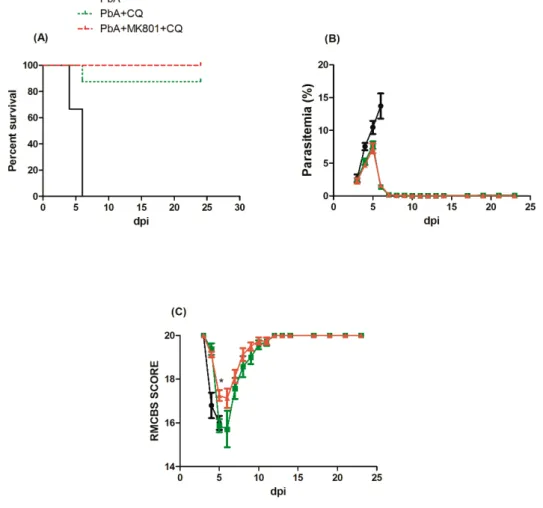 Fig.  1  Effect  of  MK801  on  survival  rate,  parasitemia  and  clinical  signs  of  cerebral  malaria  after  infection  with  P.berghei  ANKA  (PbA).' C57BL/6  mice  were  intraperitoneally  infected  with  10 6   parasitized  erythrocytes  and  then 