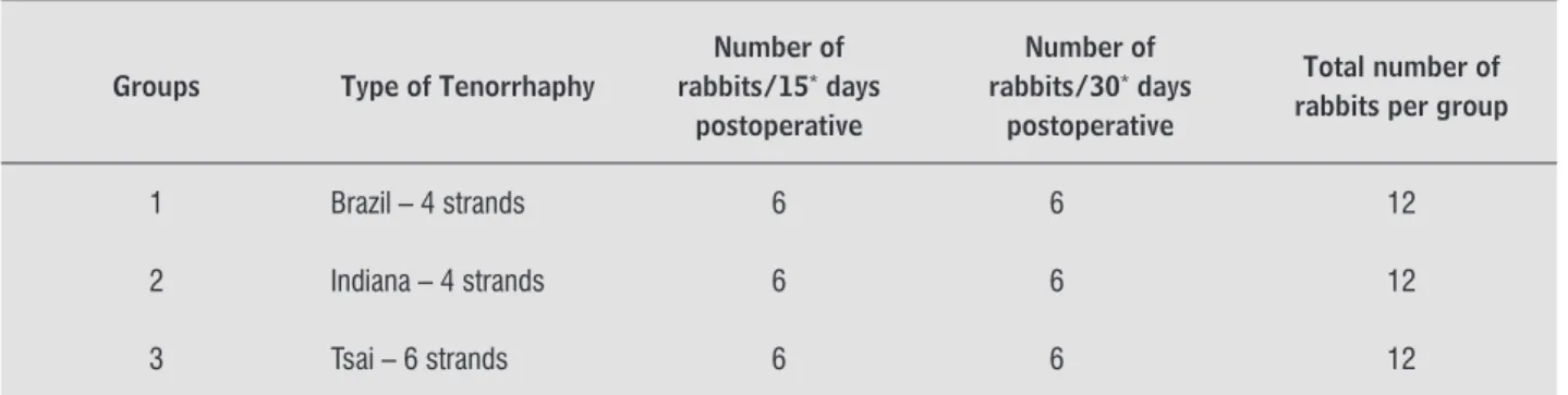 Table 1  - Distribution of groups (Source: Laboratory of Experimental Surgery of the Institute of Orthopedics and Trauma- Trauma-tology, Passo Fundo, RS – Brazil)
