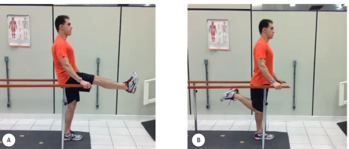Figure 2  - Posture adopted by subjects during the stretching exercises targeting the hamstrings (A) and quadriceps (B)  muscle groups