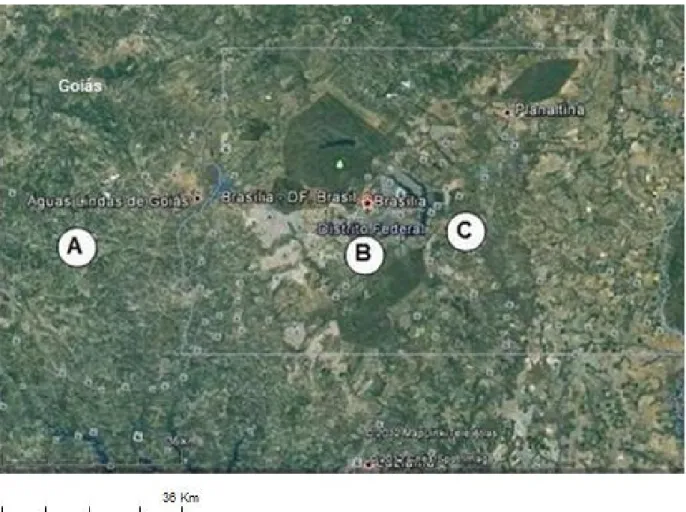Figura  2:  Localização  dos  criadouros  amostrados  (Google  Earth,  2012).  A  -  Criadouro  de  Aves  Apoena; B - Fundação Jardim Zoológico de Brasília; C - Zoobotânica Abreu e Lima