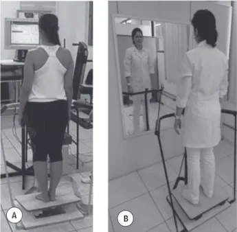 Figure 1  - (A) Simulation of balance training on the Instru- Instru-mented Balance Board; (B) Simulation of the  training in front of the mirror