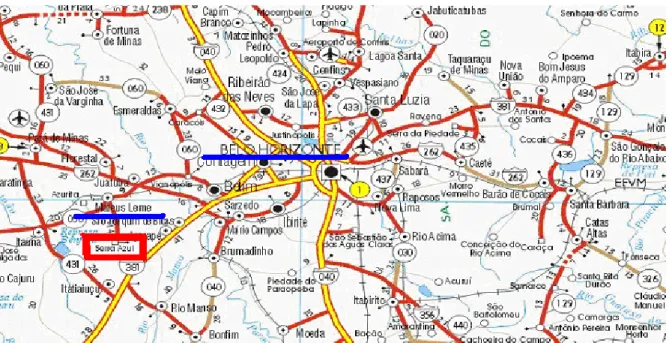Figura  1-  Mapa  das  cidades  da  região  metropolitana  de  Belo  Horizonte,  de  acordo  com  a  Secretaria Estadual de Saúde de Minas em julho de 2007