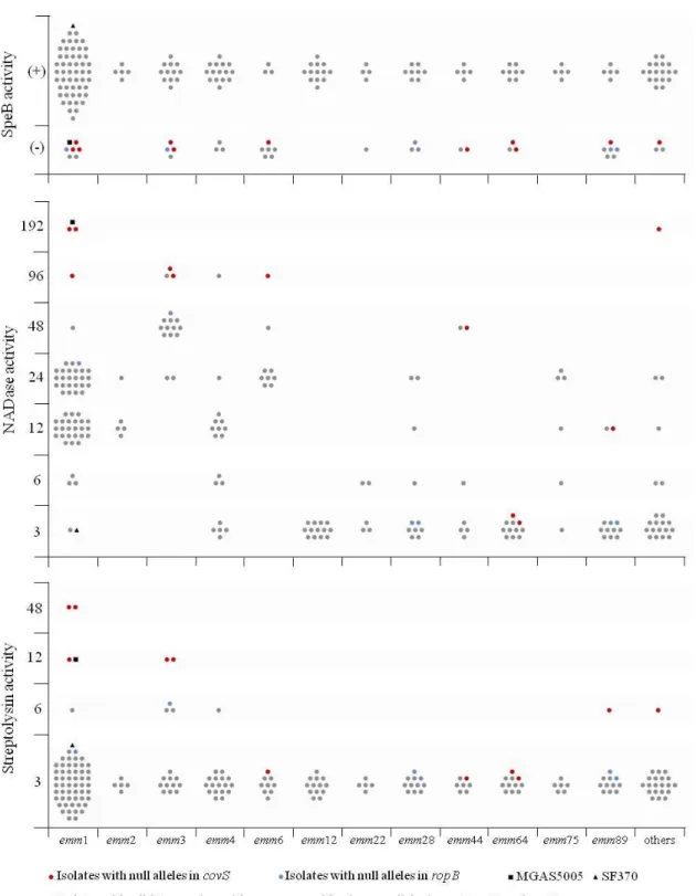 Figure  3.  SpeB  production  and  NADase  and  SLS  activity  determined  for  the  191  isolates analyzed in this study, according to emm type