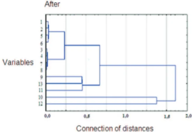 Figure 3b - Hierarchical Cluster analysis of individuals with Down  syndrome after 27 sessions of hippotherapy, considering the  follow-ing variables that indicate the distances between: 1