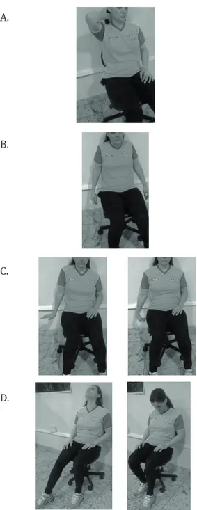 Figure 1  - (A) Cervical myofascial release, (B) Scapular mo- mo-bilization, (C) Neural mobilization - median (D) Neural  mobi-lization - neuraxial.