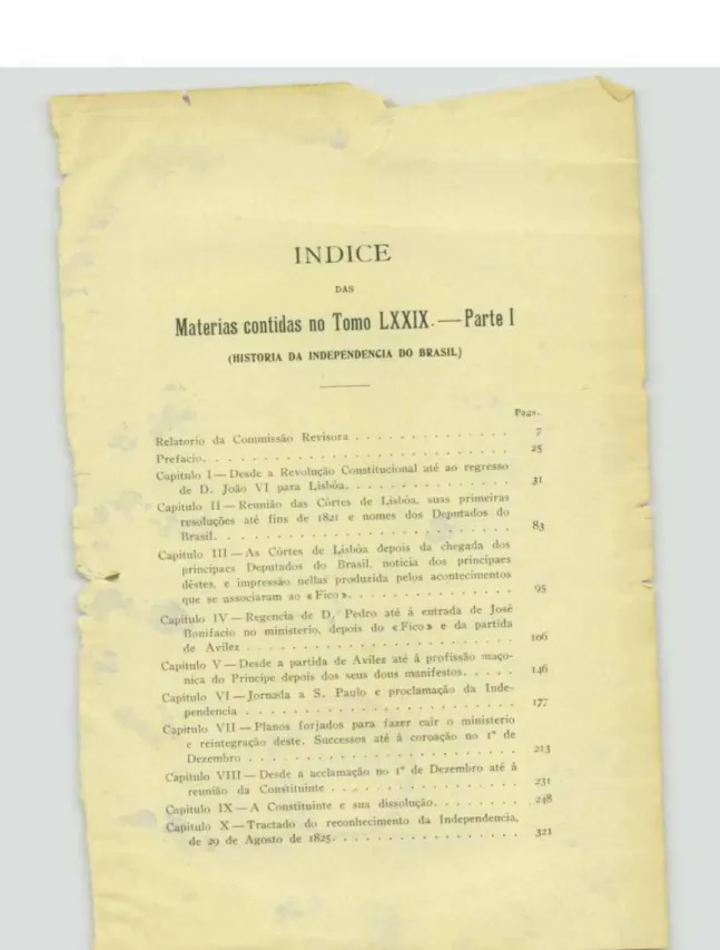Figura 5. Sumário da História da Independência (1ª edição, 1916) de Francisco Adolfo  de Varnhagen publicada na Revista do IHGB, nº 89, 1916