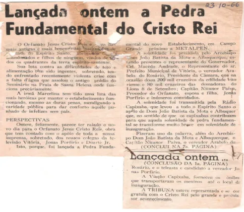 Foto 6. Começa a construção da futura sede do Orfanato Cristo Rei. Fonte: Jornal A Tribuna, de 23/10/1966 