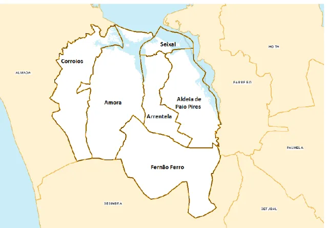 Figura 13 - Freguesias do concelho do Seixal antes da reorganização administrativa do  território das freguesias, e concelhos limítrofes 