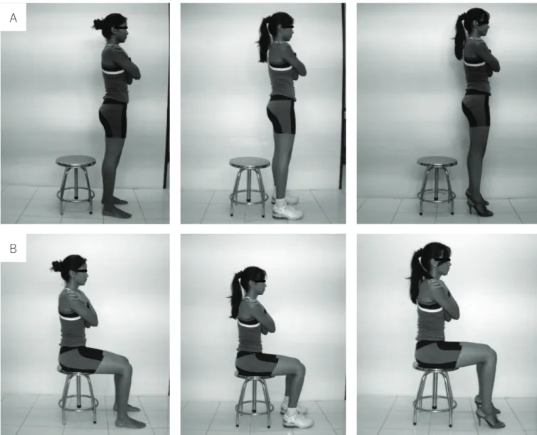 Figure 1. Initial position of the tasks sitting down (A) and standing up (B) in the conditions barefoot, with sneakers and with high heels