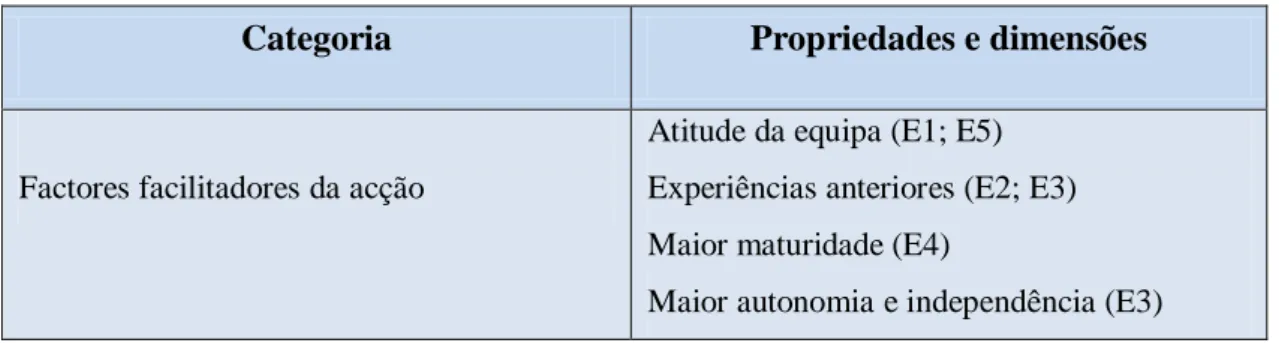 Figura 10 – Exemplo de uma categoria identificada, propriedades e dimensões  Categoria  Propriedades e dimensões 