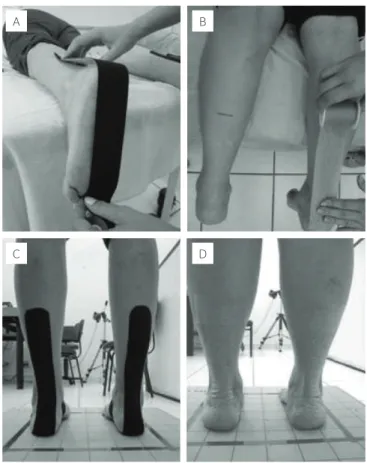 Figure 1. Kinesio Taping application and data collection. (A) application  of Kinesio Taping; (B) Application placebo tape (3M Micropore); (C) data  collection with Kinesio Taping on the force plate; (D) data collection with  placebo tape (3M Micropore) on