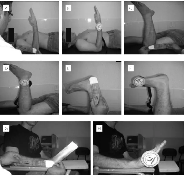 Figure 1. Measure of the movement of elbow (A and B), knee (C and D), ankle (E and F), and fist (G and H) with the universal goniometer and fleximeter, respectively