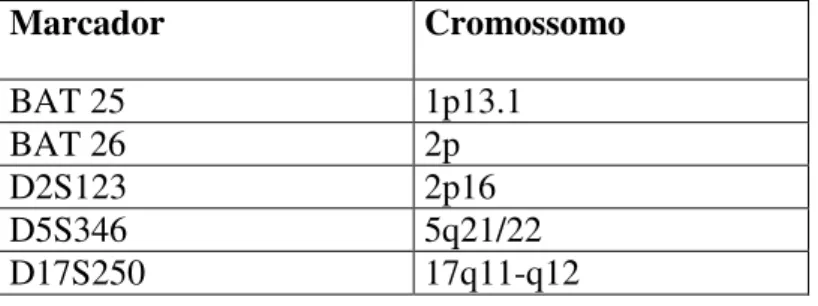 Tabela 1- Marcadores recomendados pelo NCI e respectivos cromossomos 