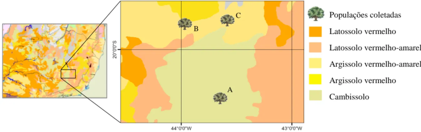 Figura 9: Mapa apresentando as variações do solo mineiro na região de coleta. As letras A, B 