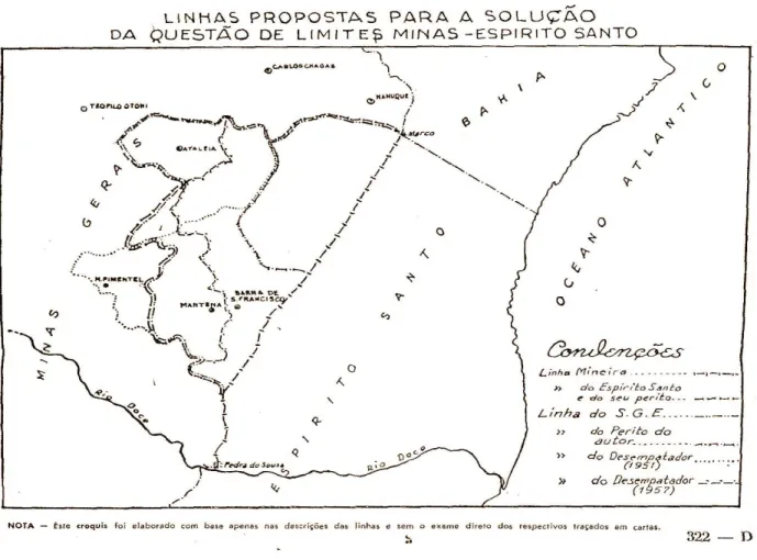 Figura 5 - As linhas propostas pelos litigantes.   Fonte: Andrade; Oliveira (1958, p. 322-D)