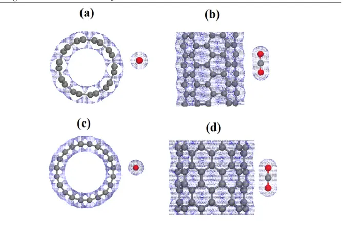 Figura 4.6: Vis˜ao frontal e lateral da densidade eletrˆonica para os nanotubos de carbono.