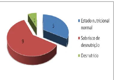 Gráfico 3 – Resultado dos MNA aplicados  Os  resultados  aqui  obtidos  revelaram  que  no  total  dos  doentes  avaliados  60%  (9)  apresentavam  risco  de  desnutrição