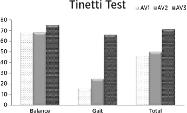 Figure 3 shows data as obtained by Tinneti test. In the  irst evaluation (AV1), the dimension regarding balance  revealed 11 points (68%), and the dimension regarding  gait, in turn, only 2 points (16%), which makes up 13 points  total (46%)