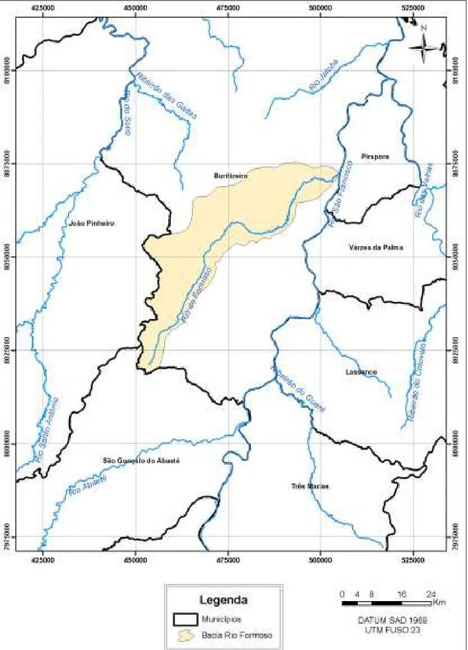 Figura 6: Mapa do contexto hidrográfico da Sub-bacia Córrego do Formoso, encaixada entre as sub-bacias da vizinhança