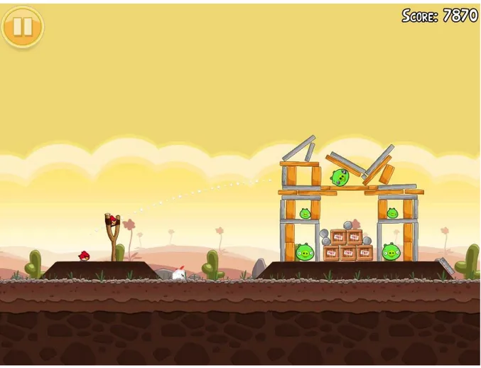 Figura  2-15  |  Imagem  retirada  do  videojogo  Angry  Birds  onde  é  possível  ver  a  linha  de  auxílio  de  trajetória  (Rovio Entertainment, 2009)