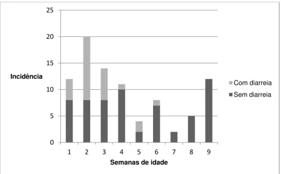 Gráfico 4: Incidência de coronavírus bovino ao longo das nove semanas de idade em bezerras leiteiras  com e sem diarreia criadas em uma propriedade localizada em Martinho Campos – MG (2008)