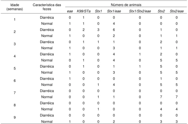 Tabela  6:  Idade  (semanas  de  idade)  das  bezerras  leiteiras  positivas  para  os  genes  de  virulência  pesquisados  em  Escherichia  coli  isoladas  de  amostras  fecais  normais  e  diarréicas  e  o  número  de  bezerras positivas