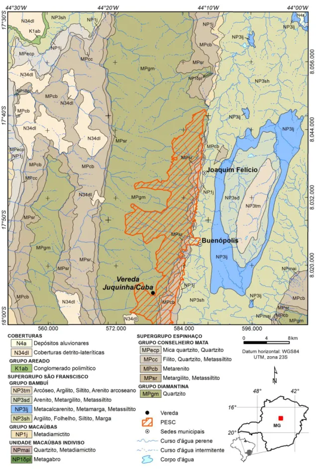 Figura  3:  Mapa  Geológico  simplificado  1:100.000  da  Serra  do  Cabral  com  localização  da  vereda Juquinha/Cuba e limites do PESC (Modificado de Lopes, 2012)