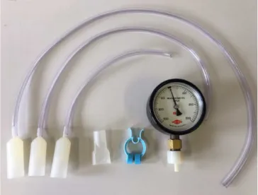 Figure 1. Analog manovacuometer (Ger-Ar) and different  tracheas’ lengths with respective buccal device adapter and  rectangular buccal device used