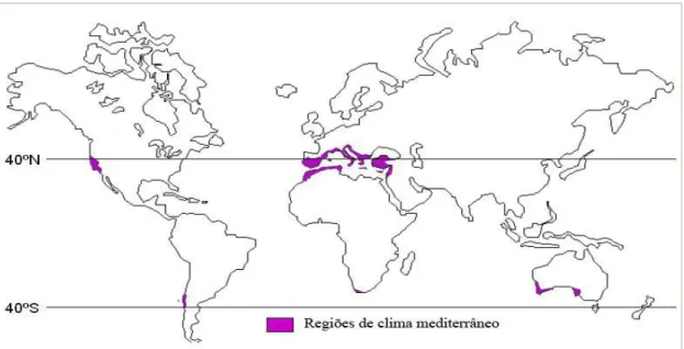 Figura 8. Distribuição do clima mediterrânico no mundo (Fonte: Almeida, 2007). 