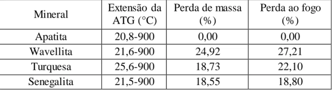 TABELA V.9:   Perdas de massa das obtidas por ATG e por perda ao fogo  Mineral  Extensão  da  ATG (°C)  Perda de massa (%)  Perda ao fogo (%)  Apatita  20,8-900  0,00  0,00  Wavellita                                      21,6-900  24,92  27,21  Turquesa   