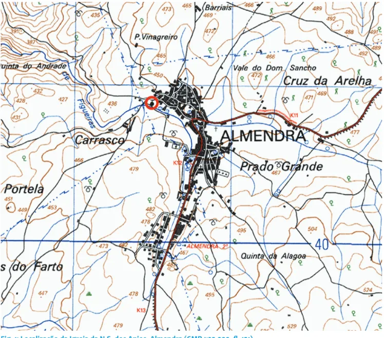 Fig. 1: Localização da Igreja da N.S. dos Anjos, Almendra (CMP 1:25.000, fl. 151).