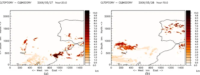 Fig. 6. Simulated cloud depth of convective clouds over Portugal and nearby Atlantic Ocean for 27 May 2006 (a) and 28  May 2006 (b)