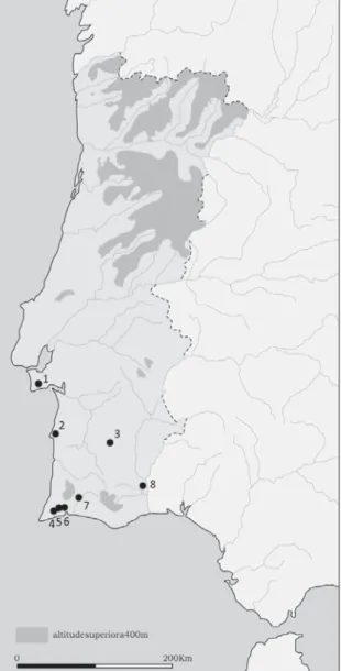Fig. 8- Necrópoles de cistas de inumação da Idade  do Ferro no Sul de Portugal: 1- Casalão (Sesimbra); 