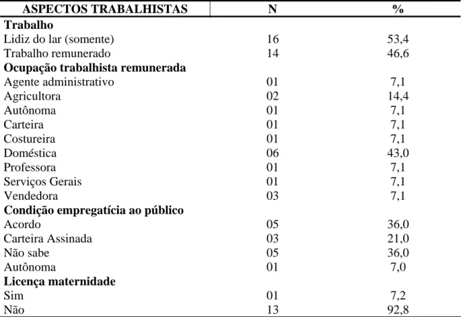 Tabela 9 - Ocupações trabalhistas, ocupação trabalhista remunerada, condição empregatícia  ao público e licença maternidade das vítimas de óbitos maternos ocorridos no  município de Dourados de 2002 a 2005