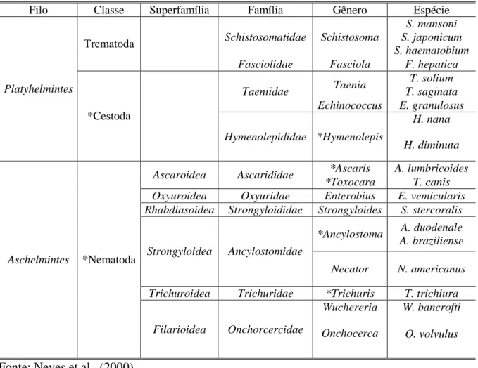 Tabela 3.6 - Sinopse de alguns helmintos que ocorrem em hospedeiros humanos 