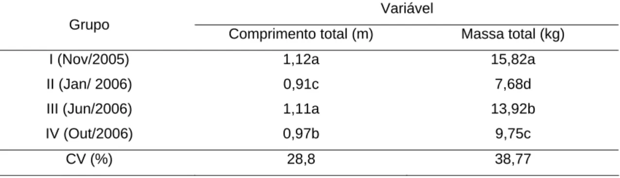 Tabela 1 – Valores médios e coeficiente de variação do comprimento (m) e massa (kg) de  surubins 