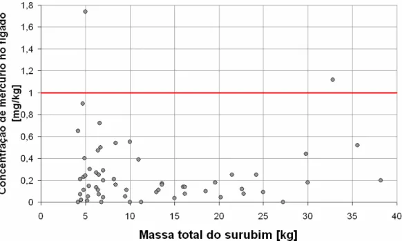 Gráfico 2 – Concentração de mercúrio (mg/kg) no fígado em função da massa total das  amostras de surubins 