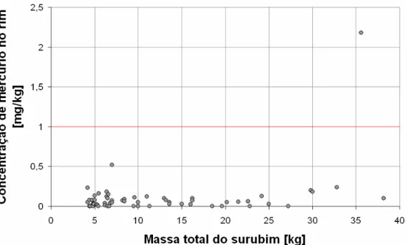 Gráfico 3 - Concentração de mercúrio (mg/kg) nos rins em função da massa total das amostras  dos surubins 