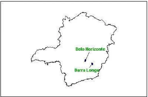 Figura 3: Localização de Barra Longa em relação a Belo Horizonte.  Fonte: IGA (Instituto de Geociência Aplicada) em 10/05/1999 