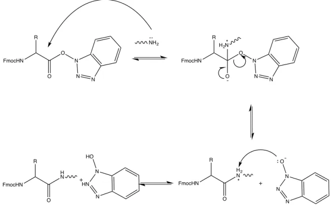 Figura 2-8 - Mecanismo da reação de acoplamento de Fmoc-aminoácido. Adaptada de (CHAN e WHITE, 2000) 