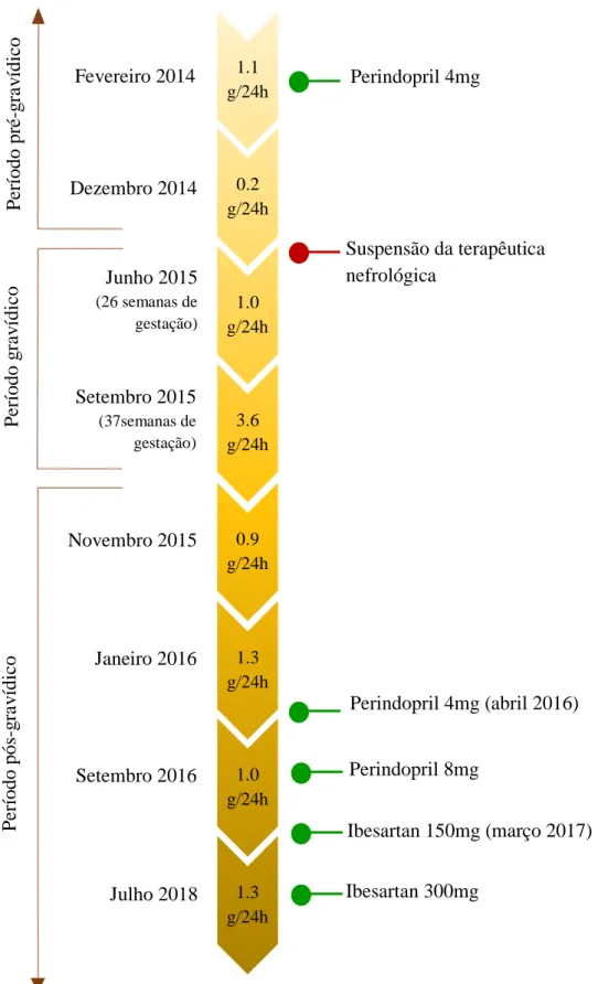 Figura 1 – Variação da proteinúria e implementação terapêutica de iSRAA ao longo do  tempo