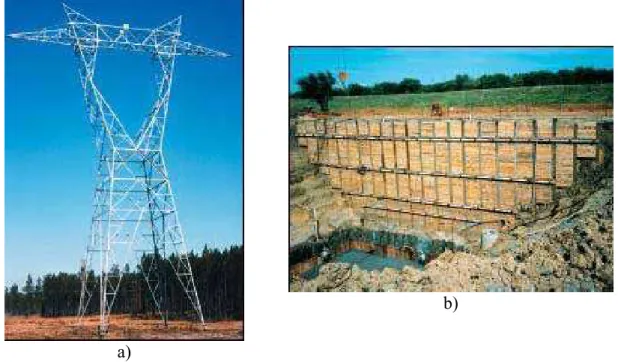 FIGURA  2.5  Aplicações: a) Torre de linhas de transmissão; b) Muro de arrimo.  Fonte: A.B.CHANCE 2004, p