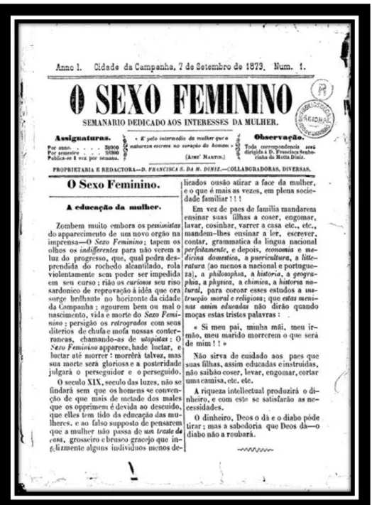 Figura 1- Capa do jornal O Sexo Feminino - 7 de setembro de 1873