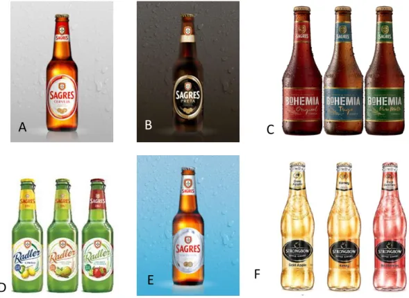 Figure 2.2 - SCC's Products. A - Sagres Branca, B - Sagres Preta, C - Sagres Bohemia, D - Sagres Radler, E - Sagres  S/Álcool, F - Stongbow Ciders