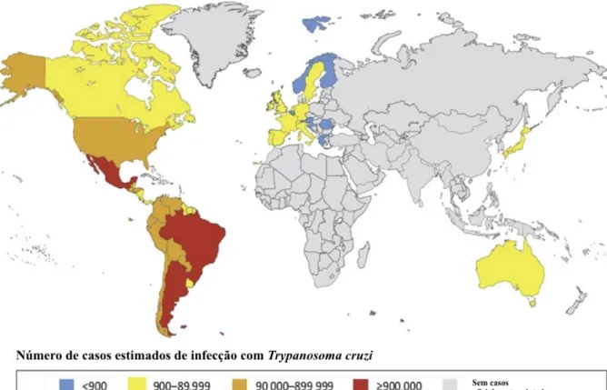 Figura 4. Número estimado de casos de infecção por Trypanosoma cruzi em 2016. (SANTOS et al.,  2020; adaptado)