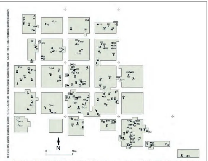 Fig. 7  Vale Pincel I, 2000. Distribuição espacial das estruturas exumadas. Os círculos a negro correspondem a estruturas que forneceram amostras datadas  radiocarbonicamente