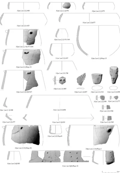 Fig. 8 – Conjunto de  cerâmicas da UE [1] e  [4] da Sondagem 2 do  Sector 1 de Juromenha 1  (adaptado de Calado  &amp; Roque, 2013).